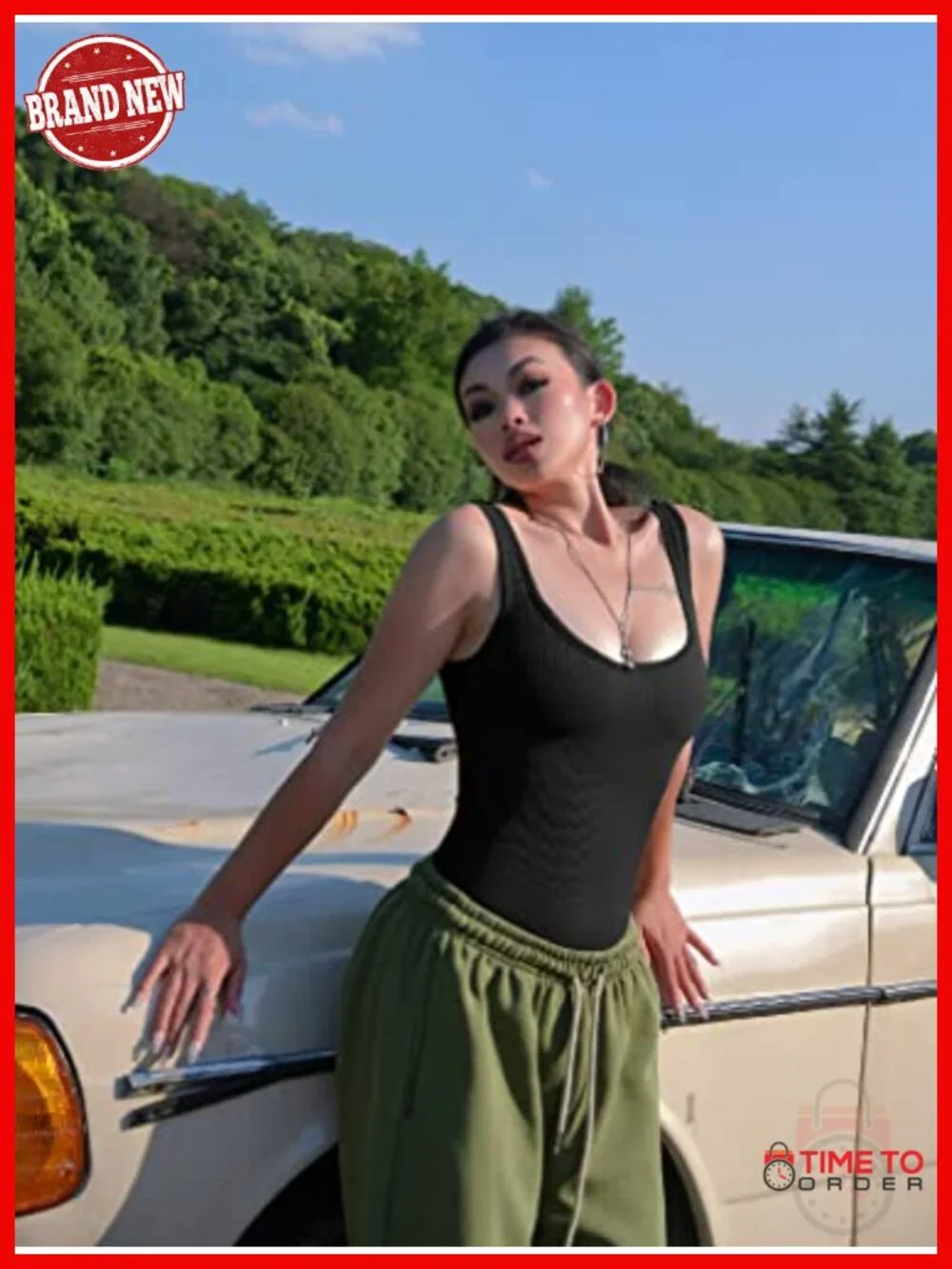 3 Piece Ribbed Square Neck Bodysuit Set Sleeveless Tank Tops Leotard Trendy